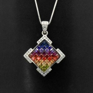 Silver Rainbow Sapphire Rhombus Pendant Necklace